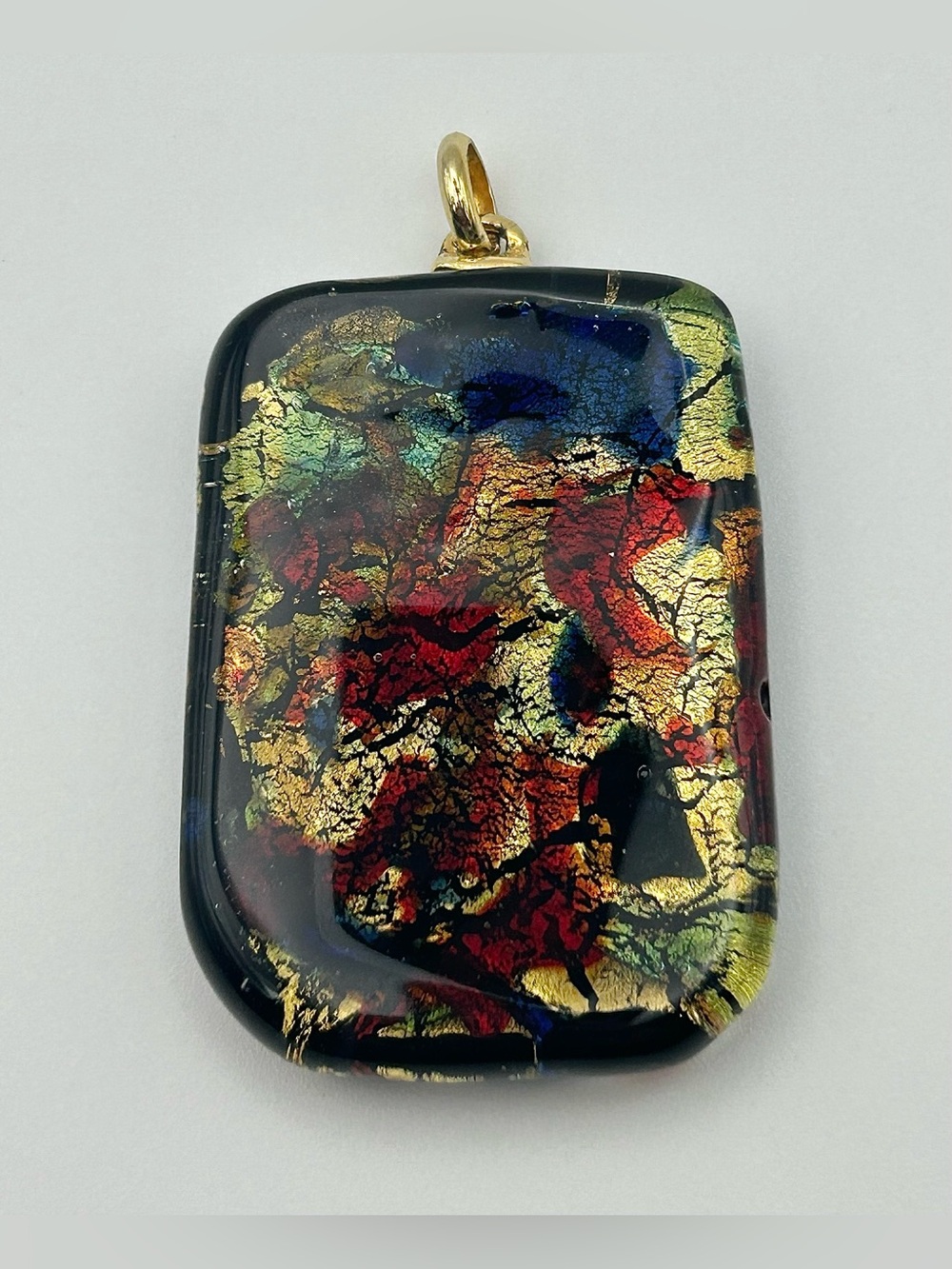 Gold, Red, Blue & Black Dichroic Glass Rectangle Pendant - Gold Tone Accents